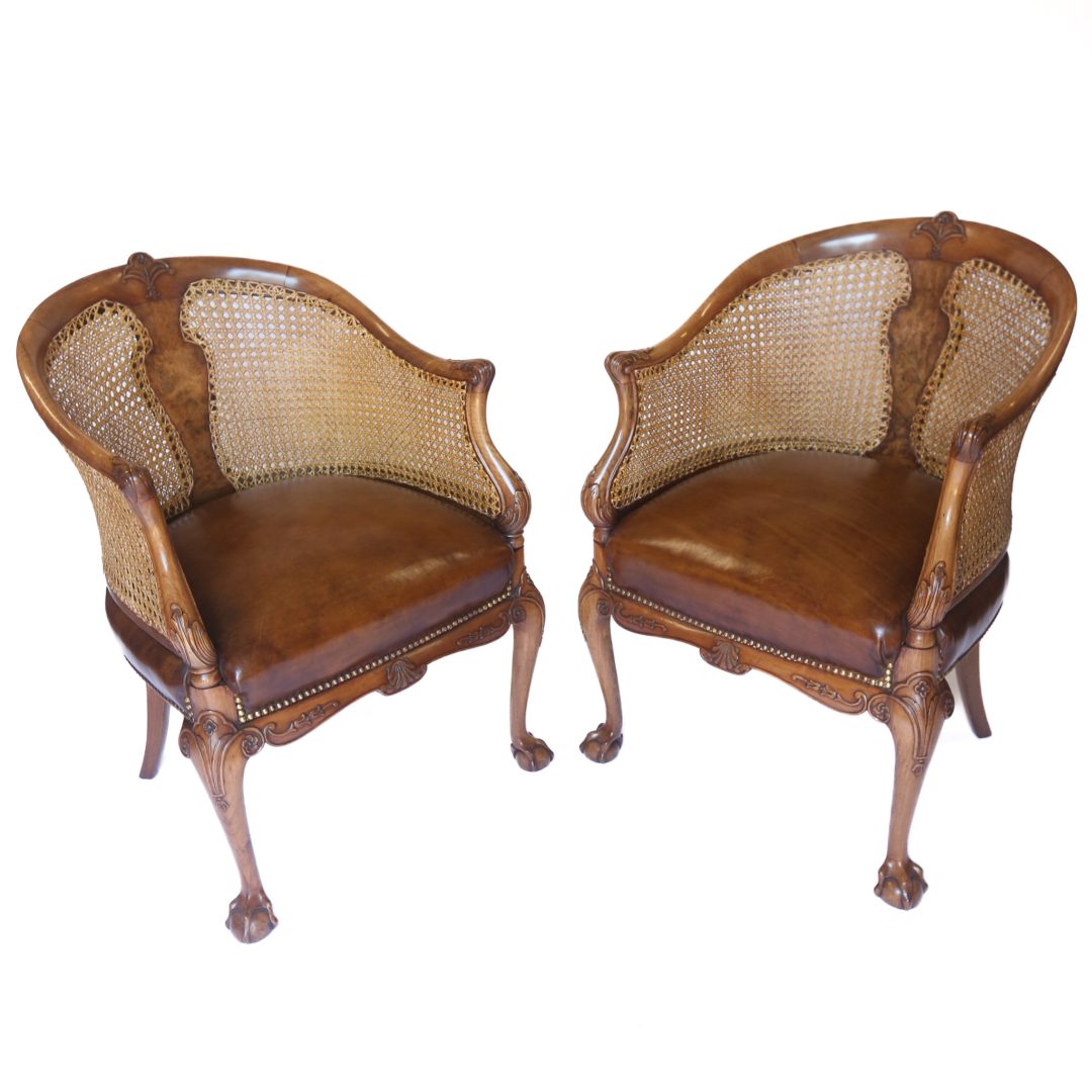 Pair Fine Walnut Bergere Chairs Circa 1920s