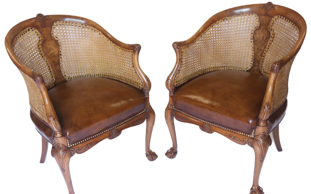 Pair Fine Walnut Bergere Chairs Circa 1920s