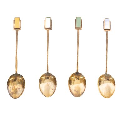 Art Deco Cased set 6 Silver gilt & Enamel Spoons